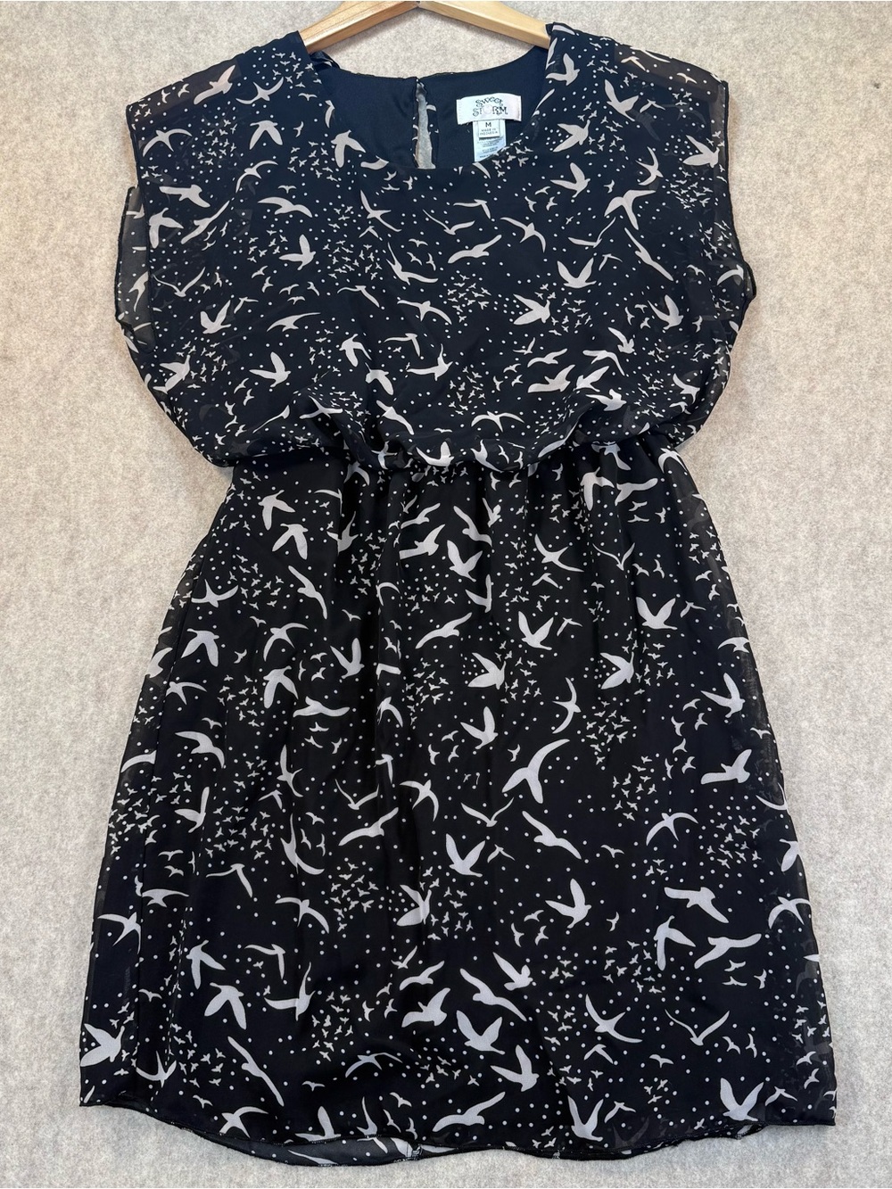 Sweet Storm Black Dress with Allover Ivory Bird Print Size Medium